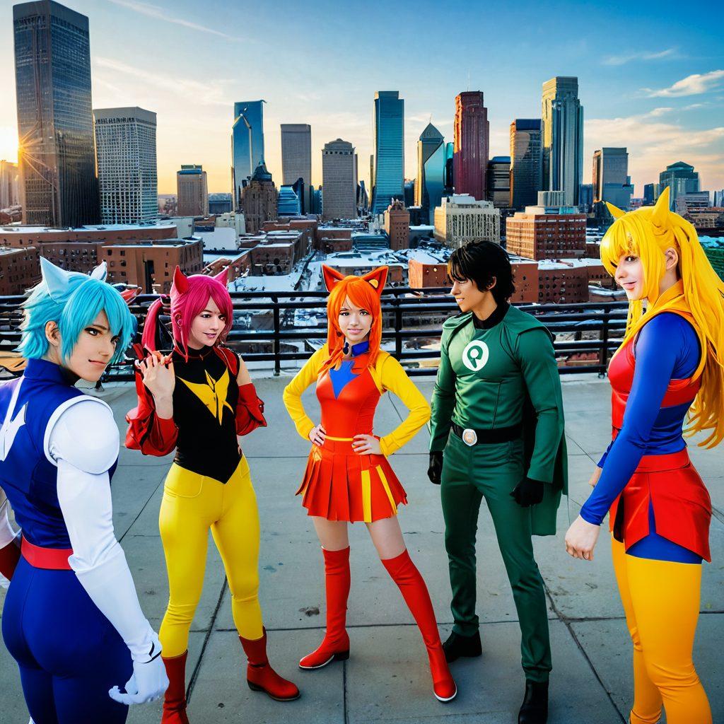A vibrant gathering of diverse individuals passionately discussing anime, surrounded by colorful posters and graphic novels, with Detroit's skyline in the background. Include elements like cosplay costumes, expressive facial features, and dynamic poses to showcase enthusiasm for graphic storytelling. The scene should radiate energy and creativity, emphasizing the community aspect of adult anime. super-realistic. vibrant colors.